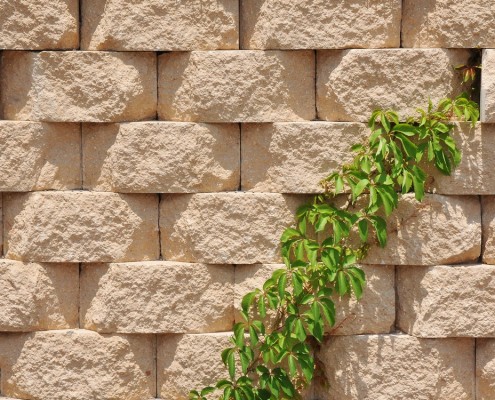 קירות קרקע משוריינת מבלוקי קיסטון בגוון כורכרי. תכנון: מרגלית סוכוי אדריכלות נוף.